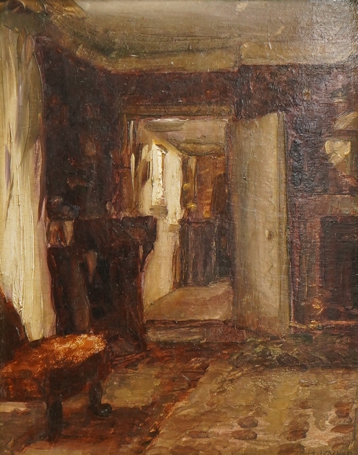 H. Joyner, Interior scene, signed, oil on card, inscribed verso 'A little souvenir of a delightful visit from my point of view', monogrammed and dated 1917, 24 x 19cm, ornate gilt frame